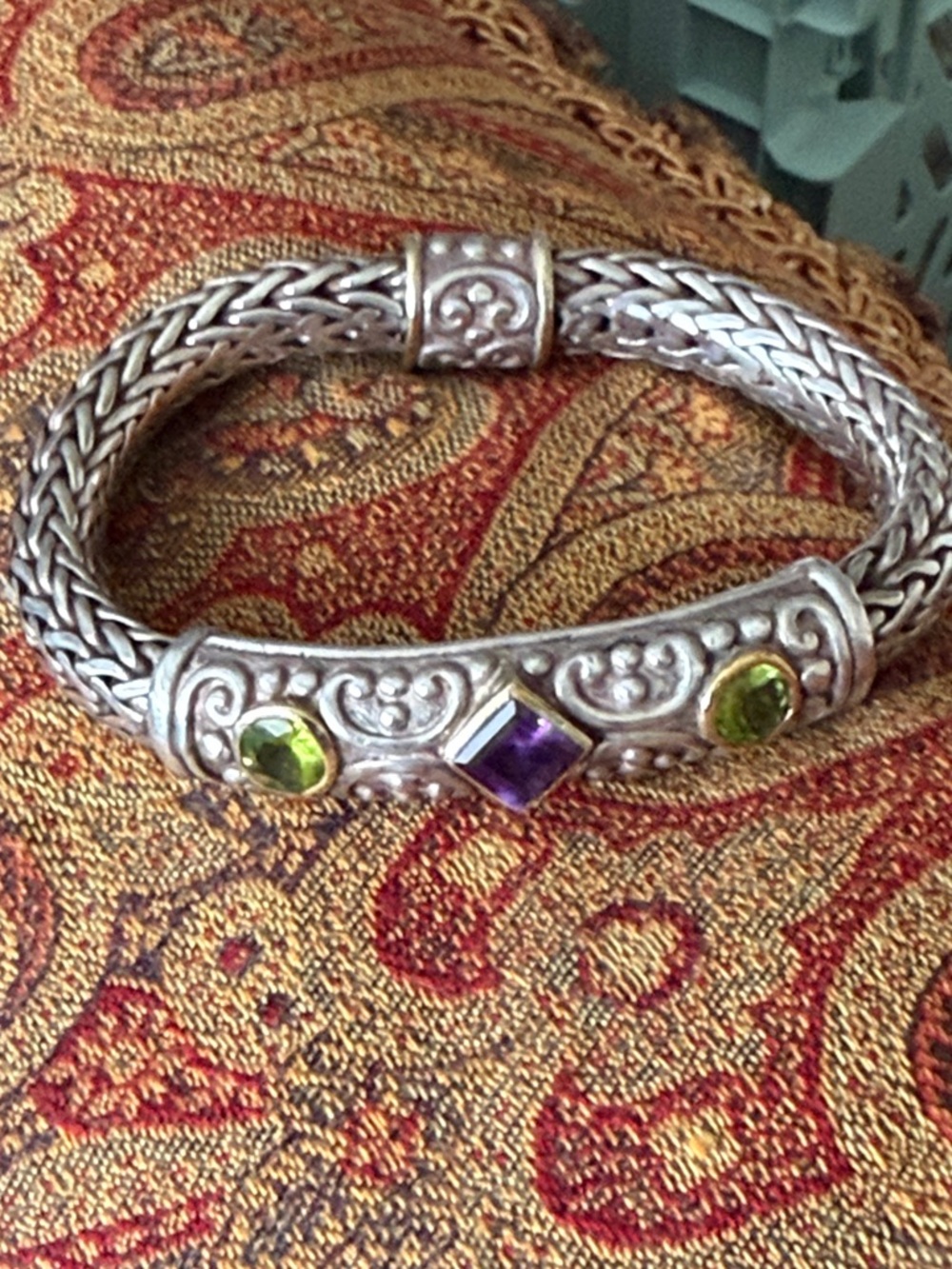 Intricate Sterling Silver Braided Women's Bracelet amethyst and peridot - Picture 3 of 17